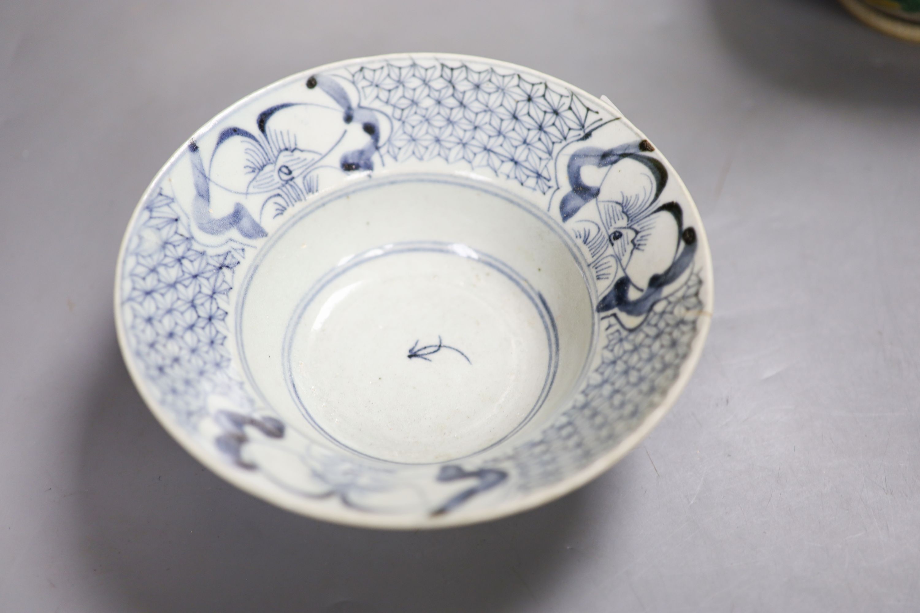 A pair of Chinese crackle glaze famille rose vases, a famille rose dish and a blue and white bowl, 19th century and later